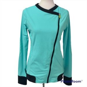 TRINA TURK Recreation Asymmetrical Zip Moto w Thumbholes in Seafoam Blue  Size M